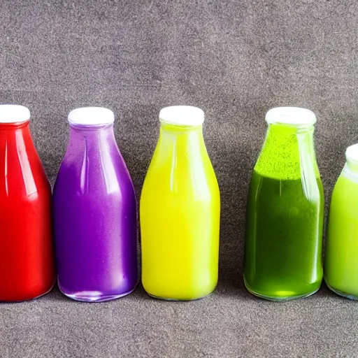 Prompt: 3 Bottles of Juice, Purple Green and Yellow