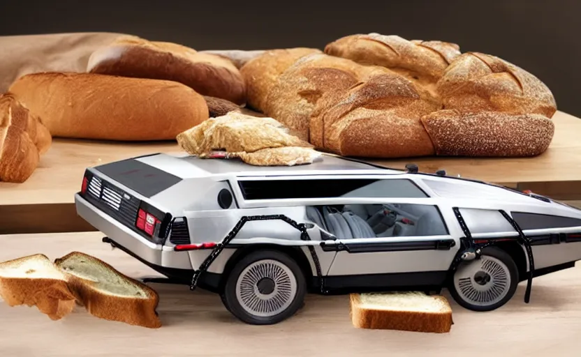 Image similar to a time-traveling delorean styled toaster with toast, bread inserted into slot, professional product shot, magazine ad