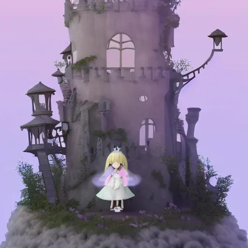 Prompt: cute fumo plush of a princess girl in a tower on a tiny island which she lays sole claim to, selfish empress of the abyss, tempestuous waters, wisps of volumetric smoke and fog, gothic maiden in tattered white dress, vignette, vray