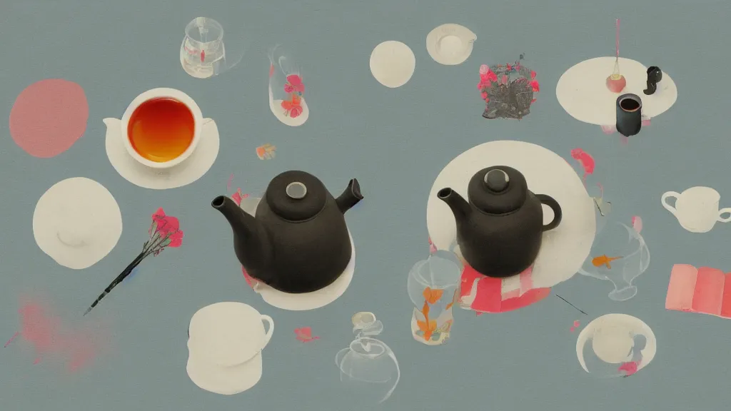 Prompt: a small tea setting, japan, a collage painting, in the style of wes anderson, lola dupre, david hockney, isolated on negative white space background dark monochrome neon fluorescent spraypaint accents volumetric octane render