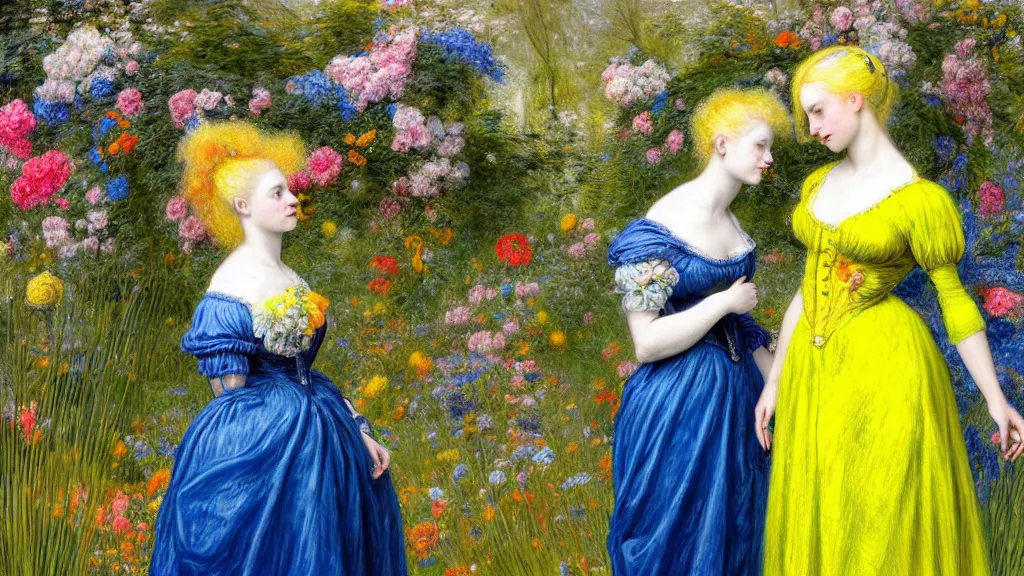 Image similar to photo-realistic portrait of two young women with neon yellow hair, wearing a blue dress by Vivienne Westwood, standing in a garden full of flowers, intricate details, in the style of John Everett Millais, black background