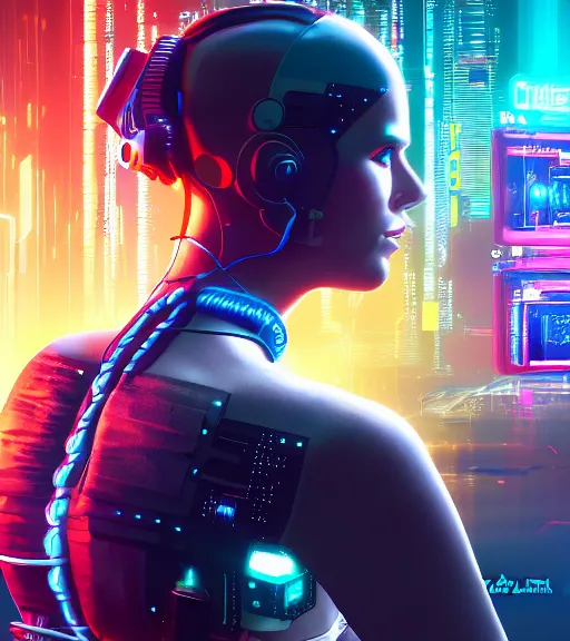 Prompt: cable plugged into cyberdeck, back of head, cyberpunk woman, computer, netrunner, 1 9 7 9 omni magazine cover, style by vincent di fate, cyberpunk 2 0 7 7, 4 k resolution, unreal engine, daz