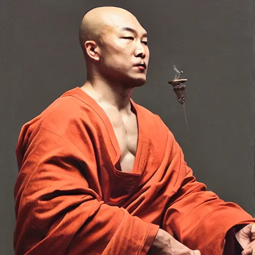 Image similar to turtle bodybuilder wearing a monk robes holding incense burner. natural lighting by ruan jia, portrait