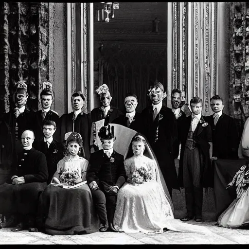 Prompt: Wide intermediate shot, coloured black and white, historical fantasy photographic image of a royal wedding of the groom who is waiting for his wife while appearing utterly afraid. An image from 1907 taken during the royal wedding's official wedding photographer's golden hour displays warming lighting. ultra realistic, photorealistic, cinema, hyper realistic, cinematic.
