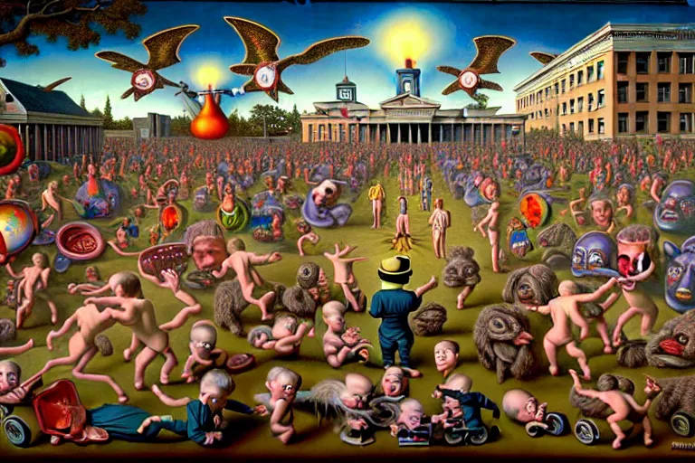 Image similar to a sparsely populated strange battle in an old hospital between old people and babies Robert Williams Mark Ryden and Alex Gross, Todd Schorr highly detailed deep perspective perfect composition