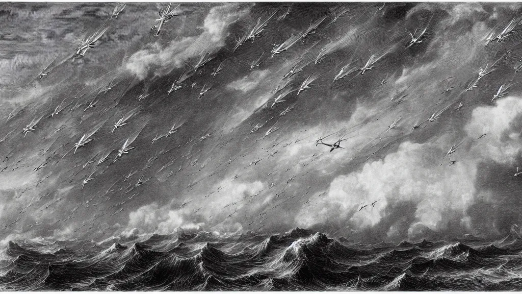 Prompt: drawing of many ornithopters flying above a stormy ocean, by gustave dore, nineteenth century, black and white, vintage, science fiction, epic composition, dramatic lighting, highly detailed, cinematic