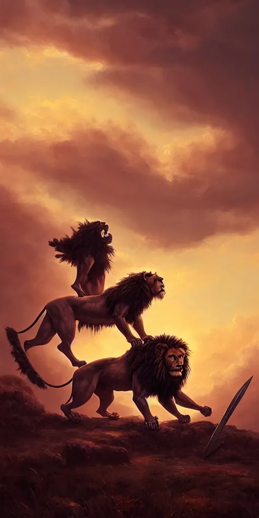 Prompt: muscular oversized lion animal as barbarian hunter covered in blood with weapon and anthropomorphic human oversized mutant proportions and very hairy body , backlight body , extreme very textured detailed panoramic painting by andreas rocha , silhouette over sunset, dramatic clouds and cyan atmosphere