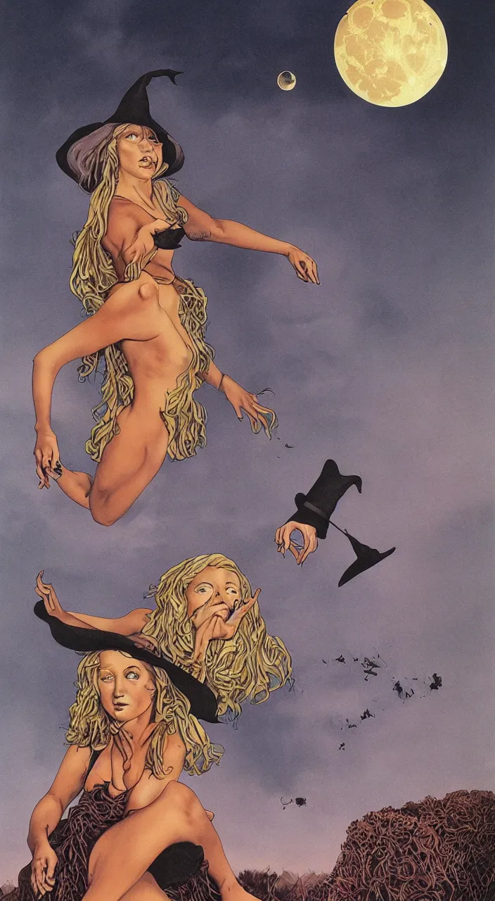 Prompt: portrait of a beautiful young witch with a moon above her in the sky by richard corben airbrush