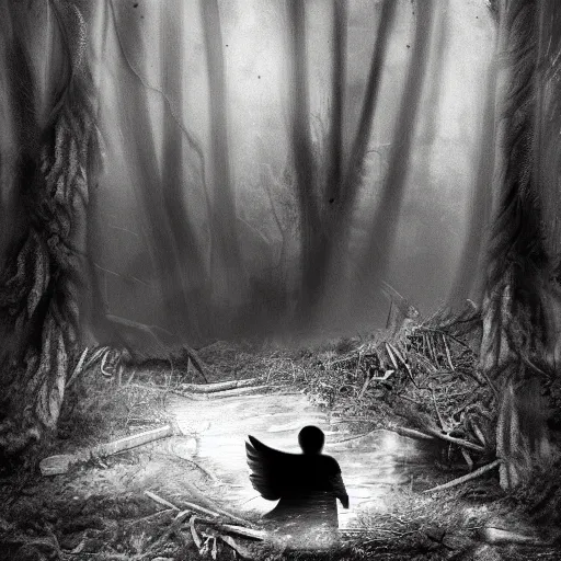 Prompt: a grave digger with remnants of angel wings is chasing a child through a creek in the woods, bad dream, hazy memory, volumetric, hyper realistic, dark black and white in the style of alvin schwartz, epic angles