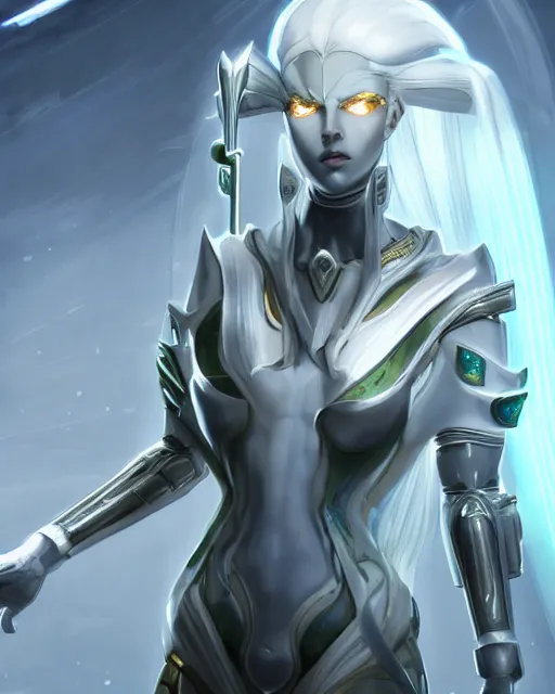 Image similar to perfect white haired attractive egyptian goddess, warframe armor, beautiful, symmetric, dreamy, half asian, pretty face, green eyes, charlize theron, detailed, scifi platform, laboratory, experiment, 4 k, ultra realistic, epic lighting, android body, illuminated, cinematic, masterpiece, art by akihito tsukushi, voidstar