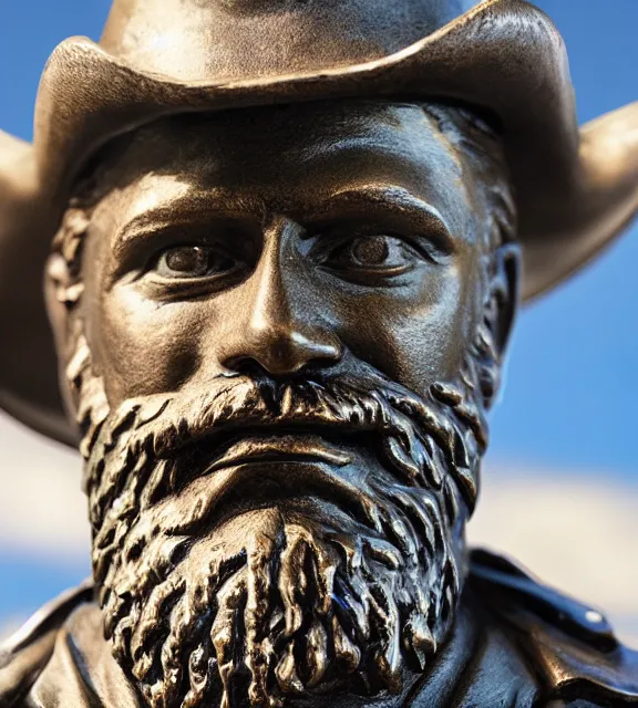 Image similar to a 4 k photorealistic photo medium shot of a bronze statue of a man with a beard wearing a cowboy hate.