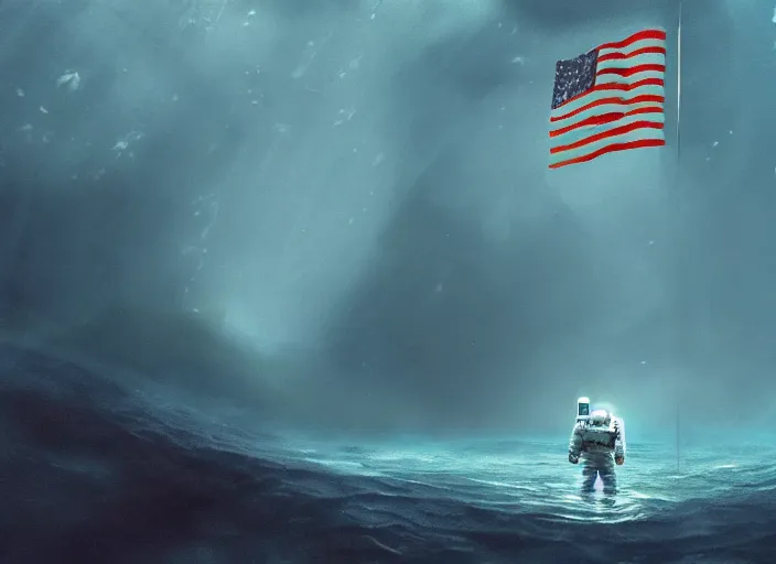 Image similar to astronaut holding a flag in an underwater desert. a submarine is visible in the distance. dark, concept art, cinematic, dramatic, atmospheric, 8 k, trending on artstation, blue, fish, low visibility, fog, ocean floor, christopher nolan, interstellar