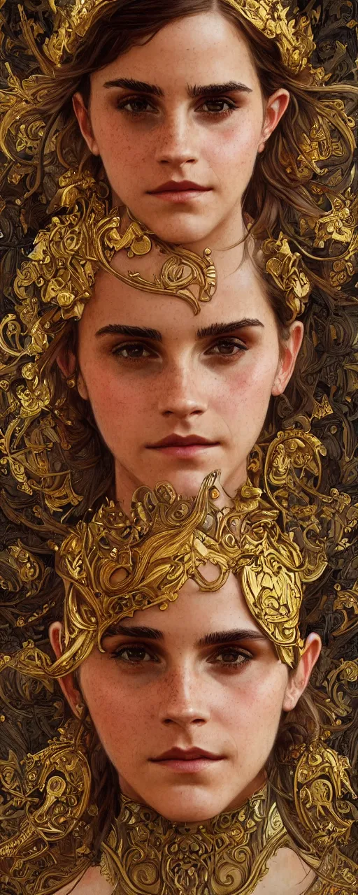 Image similar to photo photorealistic portrait closeup photograph full body art nouveau portrait of Emma Watson ornate intricate golden battle armor, intricate, elegant, highly detailed, digital painting, artstation, concept art, smooth, sharp focus, illustration, art by John William Waterhouse and greg rutkowski and Donato Giancola and alphonse mucha