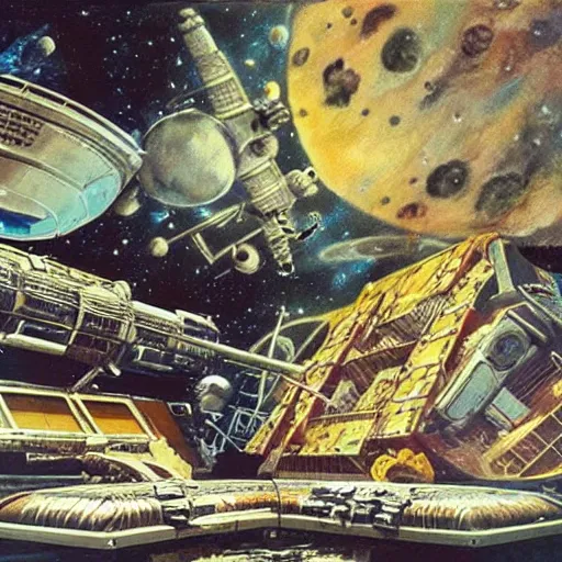 Image similar to a space station made from metal , guitars and meat on the background of deep space, matte painting with photorealistic elements pasted in, high contrast, could be art by Dali