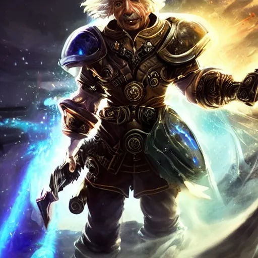 Image similar to portrait of albert einstein as a spellcaster, league of legends amazing splashscreen artwork, gears of war, splash art, natural light, elegant, photorealistic facial features, intricate, fantasy, detailed face, atmospheric lighting, anamorphic lens flare, cinematic lighting, league of legends splash art, hd wallpaper, ultra high details by greg rutkowski