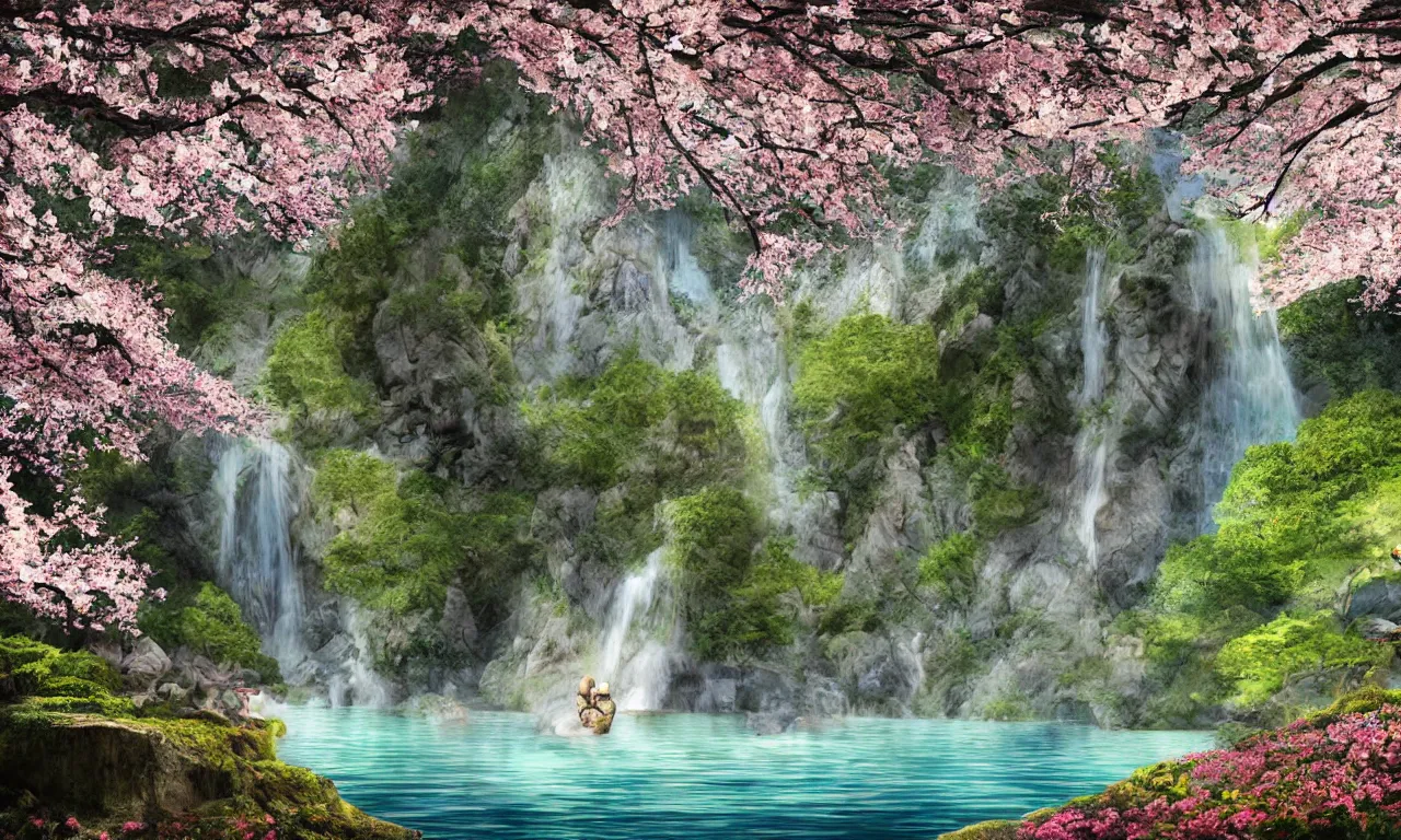 Prompt: beautiful enclosed area surrounded by cliffs with waterfalls and a big cherry blossom tree in the center, stone sculpture of an angel in the water, concept art, digital art, highly detailed