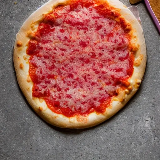 Image similar to a plain pepperoni pizza with pepto bismol sauce.