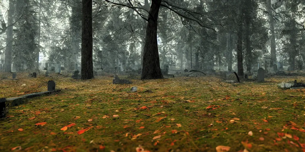 Image similar to where was i when you died, forest, grave, falling leaves, 8k, ultra realistic