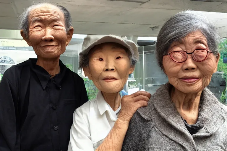 Prompt: old asian woman standing next to a grey alien