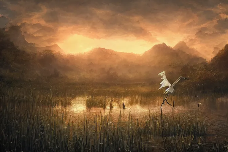 Image similar to fantasy painting, dungeons and dragons, a faerie village, swamp reeds wetland marsh sunset estuary, with ominous shadows, an egret by jessica rossier and brian froud cinematic painting