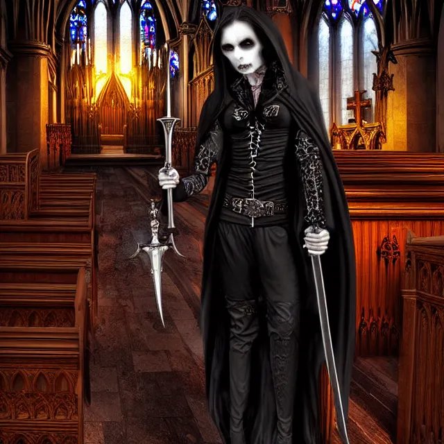Image similar to a vampire warrior in a gothic church, highly detailed, 4 k, hdr, smooth, sharp focus, high resolution, award - winning photo, illustrated by anne stokes, photorealistic