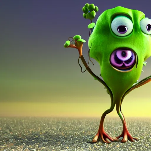 Image similar to cute anthropomorphic flower plant creature with many leaf arms and vine legs and big eyes detailed character concept 3 d pixar style render 4 k