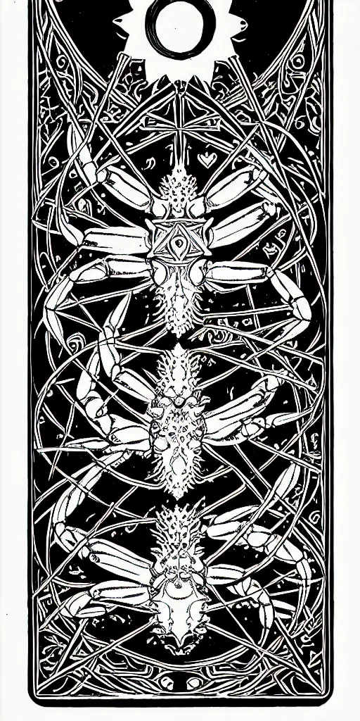 Image similar to a beautiful black and white fractal tarot card featuring bold occult imagery with clean lines. crab demon. detailed adult coloring book