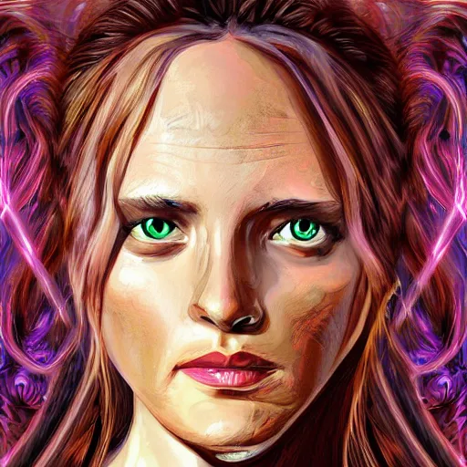Prompt: Frontal portrait of a science fiction priestess. Detailed digital art.