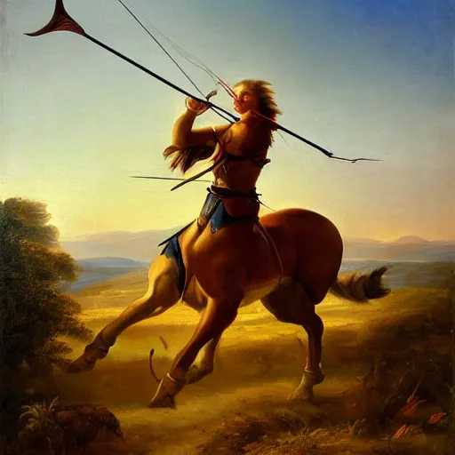 Prompt: A portrait of a centaur prancing, and shooting an arrow by a bow in a battle at golden hour, epic, fantasy, oil painting