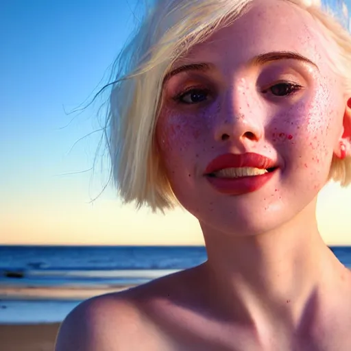 Prompt: beautiful hyperrealism hyperdetailed photograph of a cute thin young woman in love with you, smiling adoringly at the camera, platinum blonde hair, flushed face, blushing, big puffy lips, heart - shaped face, light freckles on cheeks and nose, 8 k, sharp focus, golden hour, beach setting