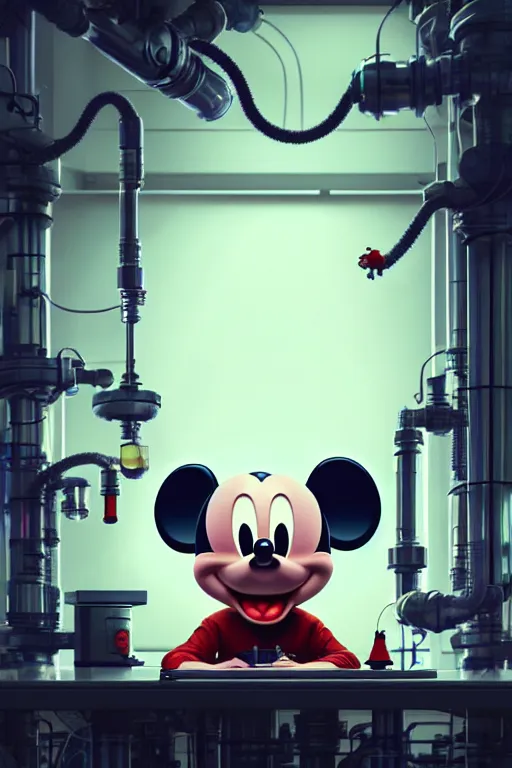 Image similar to mechanics scientist in lab facility looking at bloody mickey mouse head lifted by claw,, made by beeple, cgsociety, artgerm, greg rutkowski, highly detailed intricate 4 k art, low light cinematic, octane render, unreal engine, smooth concept art