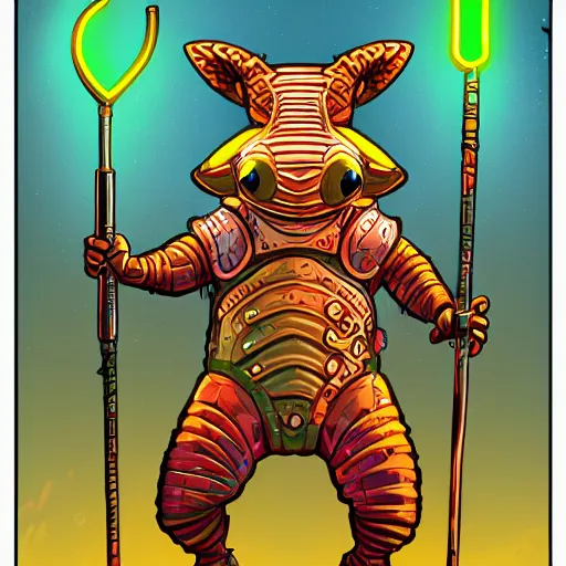 Prompt: fluorescent ultra-detailed anthropomorphic armadillo with a sword and a magic staff, by dan mumford, 4k HD, artstation HD