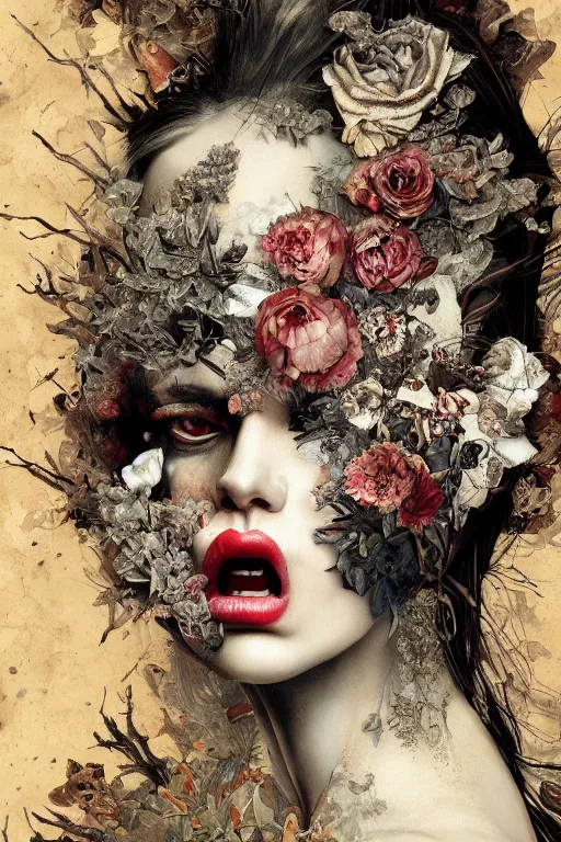 Image similar to Detailed maximalist portrait a with large lips and with large white eyes, angry expression, fleshy botanical, HD mixed media collage, highly detailed and intricate, illustration in the style of Caravaggio and Ryohei Hase, dark art, baroque