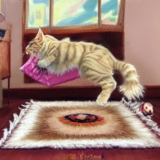 Prompt: cream color maine coon cat chasing a cat-toy-ball in a sunlit bedroom, hardwood floors with a colorful tattered old throw rug, bay window sofa in the background, fun, energetic, amusing, cute, funny, in style of Steve Henderson and Robert Hagan, trending on art station