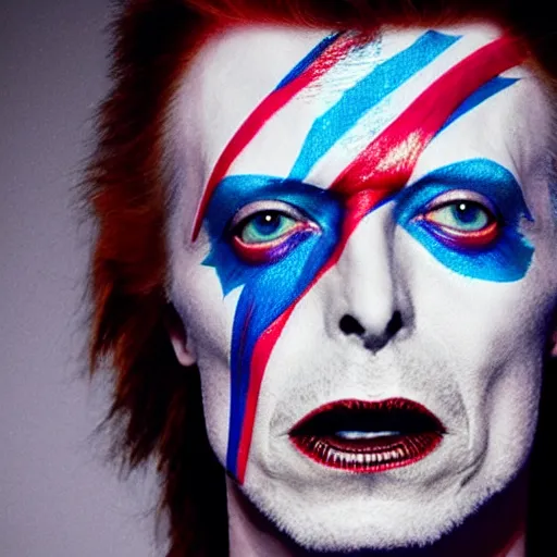 Image similar to david bowie face painted into one side white one side black singing into microphone on top of a spaceship