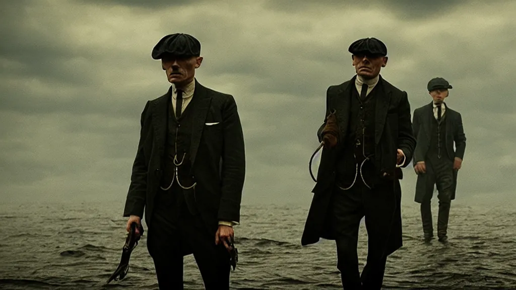 Image similar to the peaky blinders with fish heads coming out of the ocean film still from the movie directed by denis villeneuve with art direction by zdzis