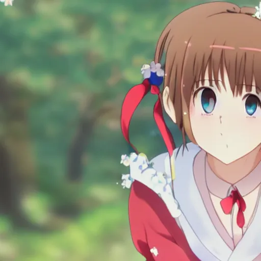 Image similar to girl with red ribbons in her hair, anime, kyoto animation, magical