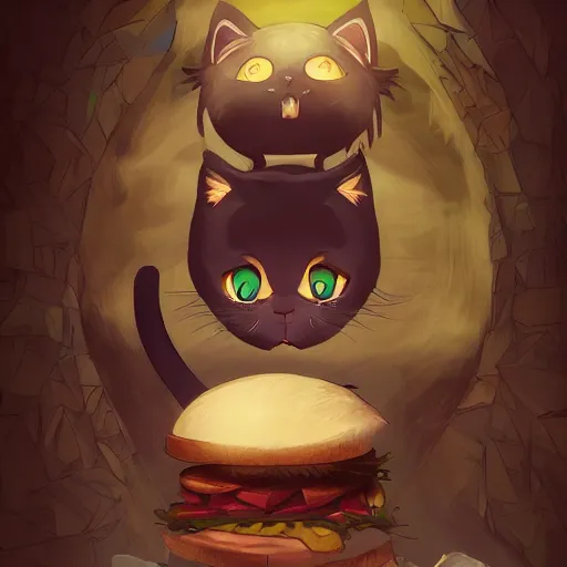 Image similar to a scared cat running away from the giant carnivorous sandwich, artstation hq, dark phantasy, stylized, symmetry, modeled lighting, detailed, expressive, created by hayao miyazaki