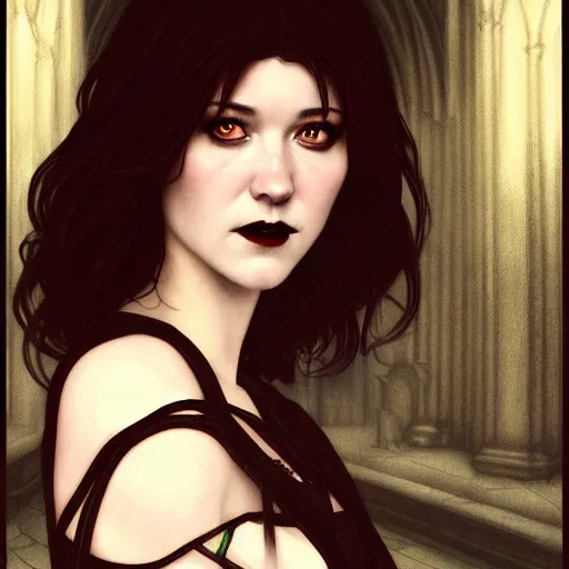 Image similar to a portrait digital painting of mary elizabeth winstead as a vampire in a gothic cathedral at night, gloomy, horror, painted by artgerm and alphonse mucha and ross tran.
