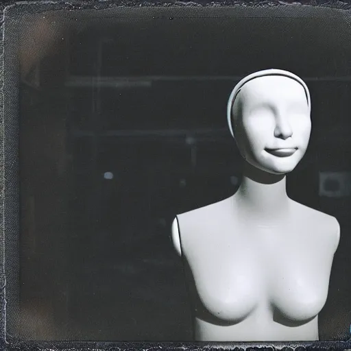 Image similar to an uncanny photograph of a mannequin with a wide smile in a dimly lit abandoned warehouse, creepy, liminal, flash photography, polaroid i-Type film