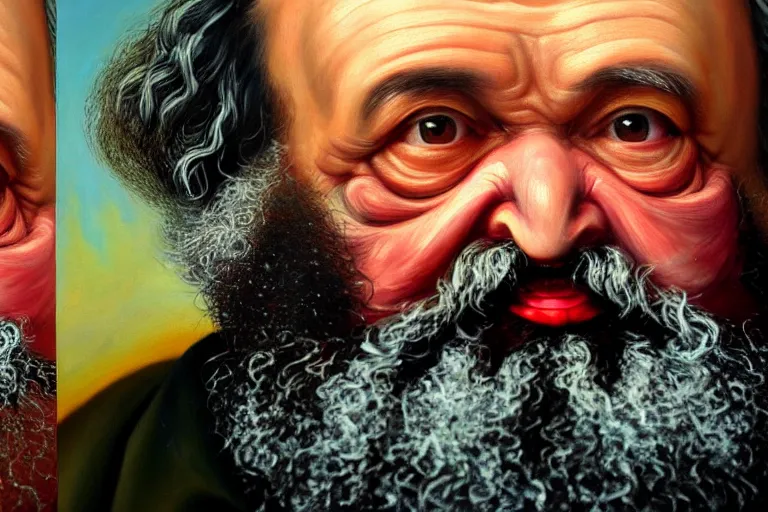 Image similar to ( ( a beautiful 8 k photorealistic masterpiece oil - painting ) ( close up ) and ( zoom out ) ( of ( karl marx with osteogenesis imperfecta ) ( shouting to a dwarf ( angry ) ) ) ( hyperrealism ) ( 1 6 k ) ( trending on artstation )