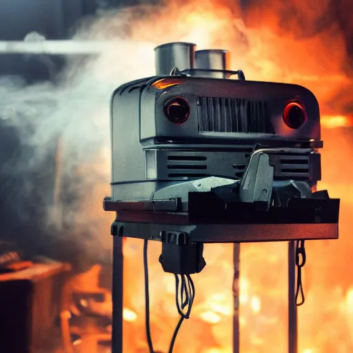 Image similar to head of toaster oven mecha, dark messy smoke - filled cluttered workshop, dark, dramatic lighting, orange tint, cinematic, highly detailed, sci - fi, futuristic, movie still