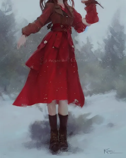 Image similar to aerith gainsborough in red cottagecore dress, portrait, illustration, rim light, top light, perfectly shaded, winter, slight overcast lighting, soft painting, art by krenz cushart and wenjun lin