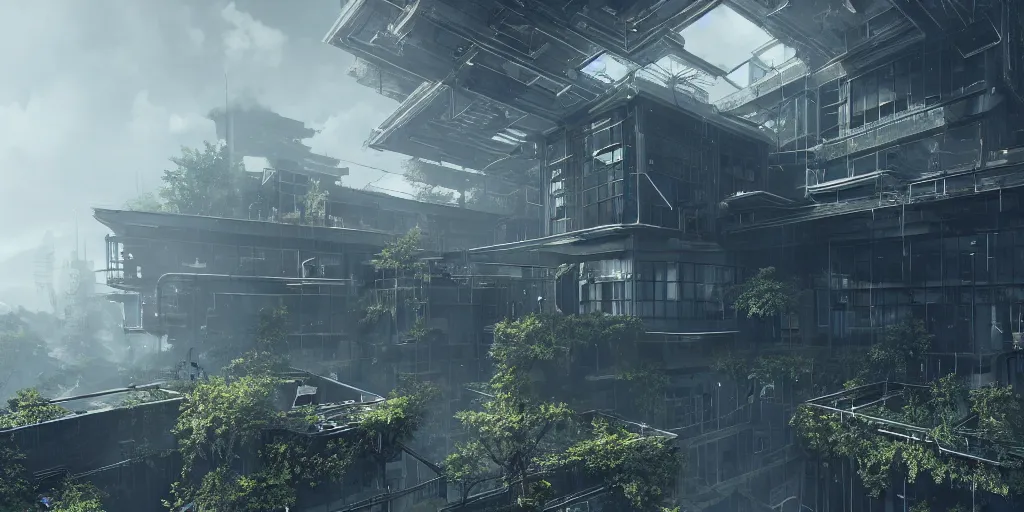 Image similar to ultra detailed photorealistic an uninhabited building in the end of the world, nier : automata, cinematic light, sci fi, glossy, cybernetic machines, futuristic decor, trending on artstation, global illumination, ultra realistic illustration, matte painting, high detailed, unreal engine, octane render, 4 k, hd, high quality