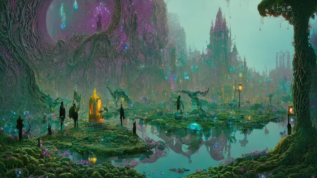 Image similar to ornate woman of iridescent liquid, alchemy, intricate, bloom, detailed, volumetric lighting, sharp focus, photorealism, digital painting, highly detailed, concept art, by roger dean and simon stalenhag and mark brooks