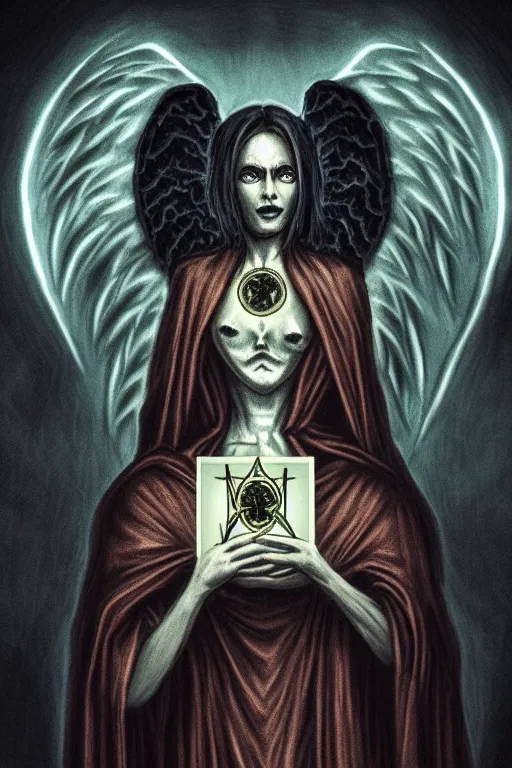 Prompt: dark angel holding a book of necronomicon, tarot card, symmetrical, cinematic, sharp focus, 4 k, ultra hd, sense of awe, sinister demonic atmosphere, dreadful, forbidden knowledge, old gods. demonology