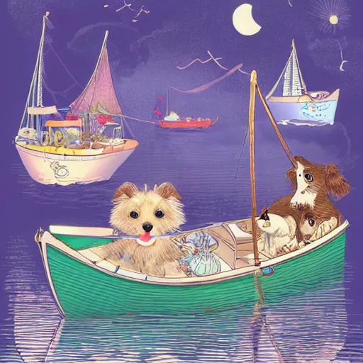 Image similar to a masterpiece detailed illustration of a very cute dog on a boat. the scene is detailed and beautiful, and combines the style of michael foreman, gyo fujikawa, and jane clarke.