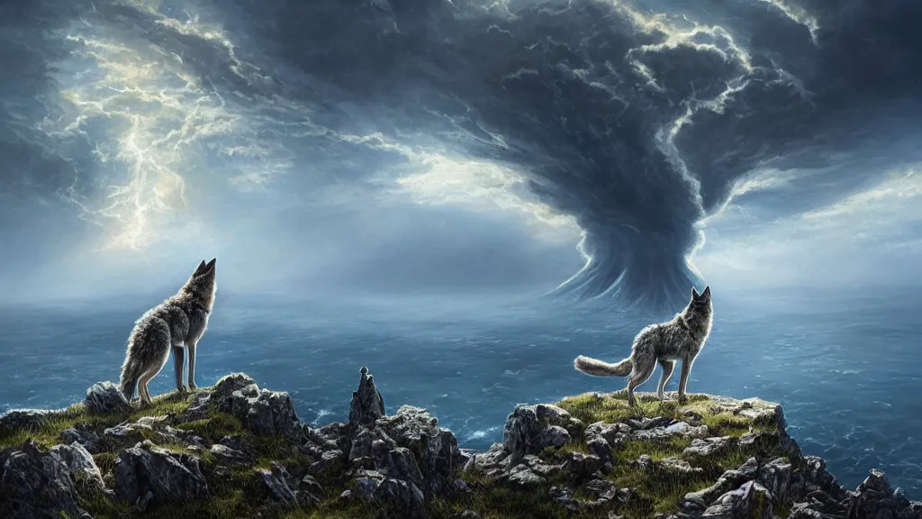 Prompt: A wolf standing on the edge of a grassy cliffside looking out towards an underwater nuclear explosion, birds flying away from explosion, mind-bending geometry, explosive shockwaves rippling across sapphire waters below, extreme realism, intricate details, 4k, trending on Artstation, award-winning, dramatic painting, art by Greg Rutkowski