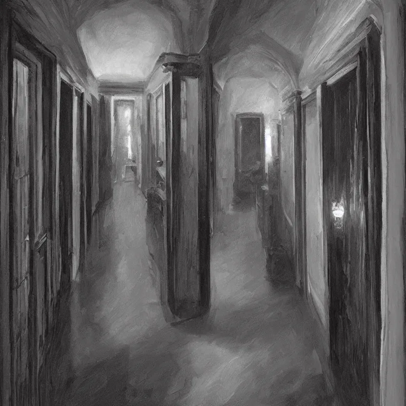 Prompt: dark creepy victorian corridor with bookshelves everywhere and two candles, by Stefan Koidl. artstation, blue lighting.