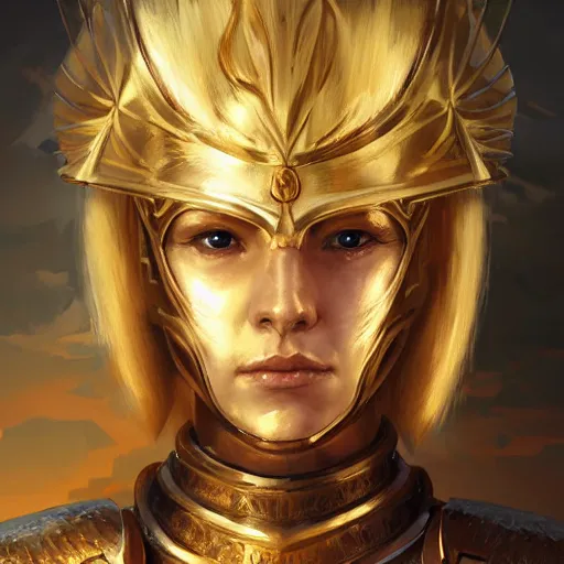 Prompt: Portrait of a young lady knight with blond hair wearing a golden armor with a sun symbol, fantasy, highly detailed, digital painting, artstation, concept art, illustration, art by Bayard Wu and Marc Simonetti
